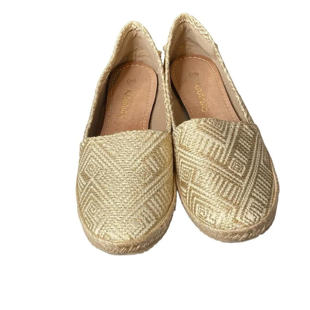 Kaansas Women's Gold Metallic Woven Espadrilles Flats Sz 39 Resortwear Glam Boho